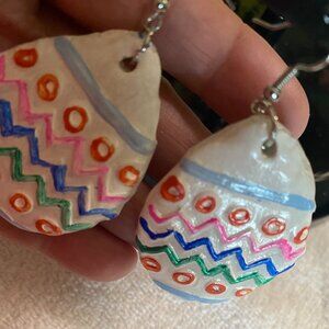 Easter Egg dangling clay earrings. Hand painted and crafted.